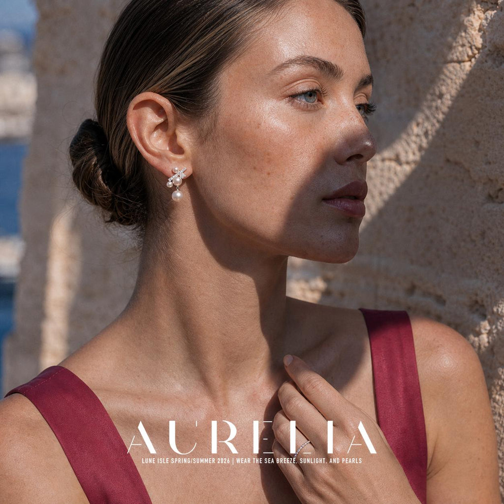 Clustered Crystal Pearl Stud Earrings worn by a model