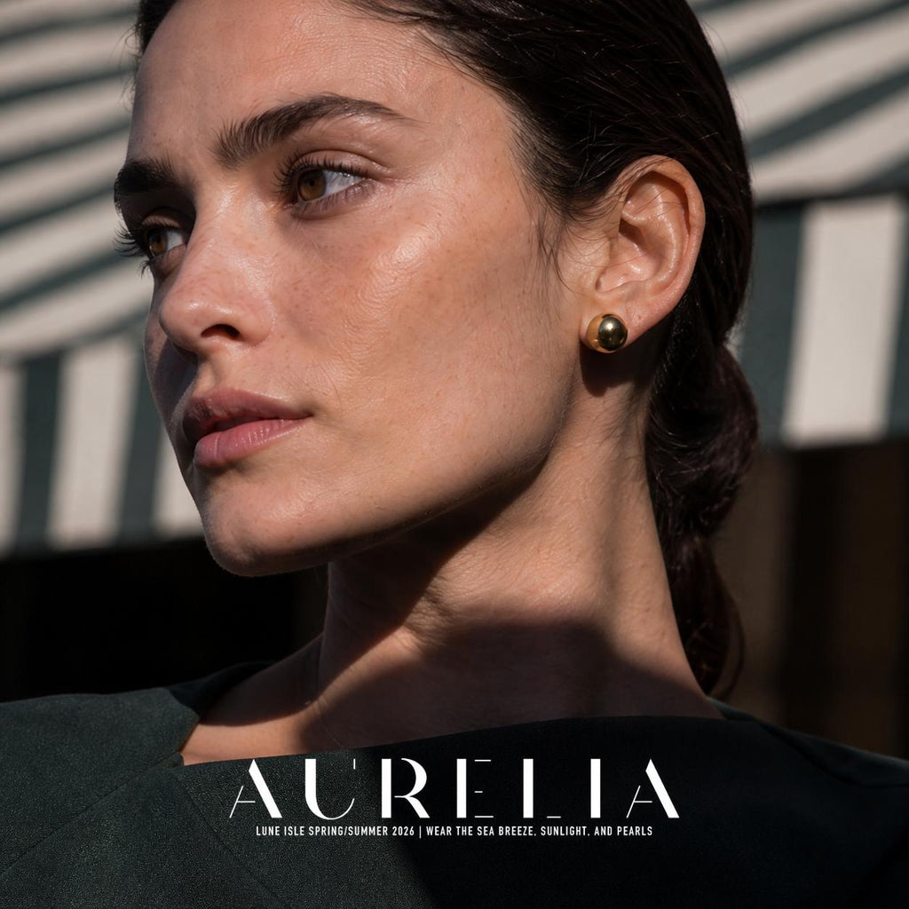 Mocha Crystal Pearl Stud Earrings worn by a model
