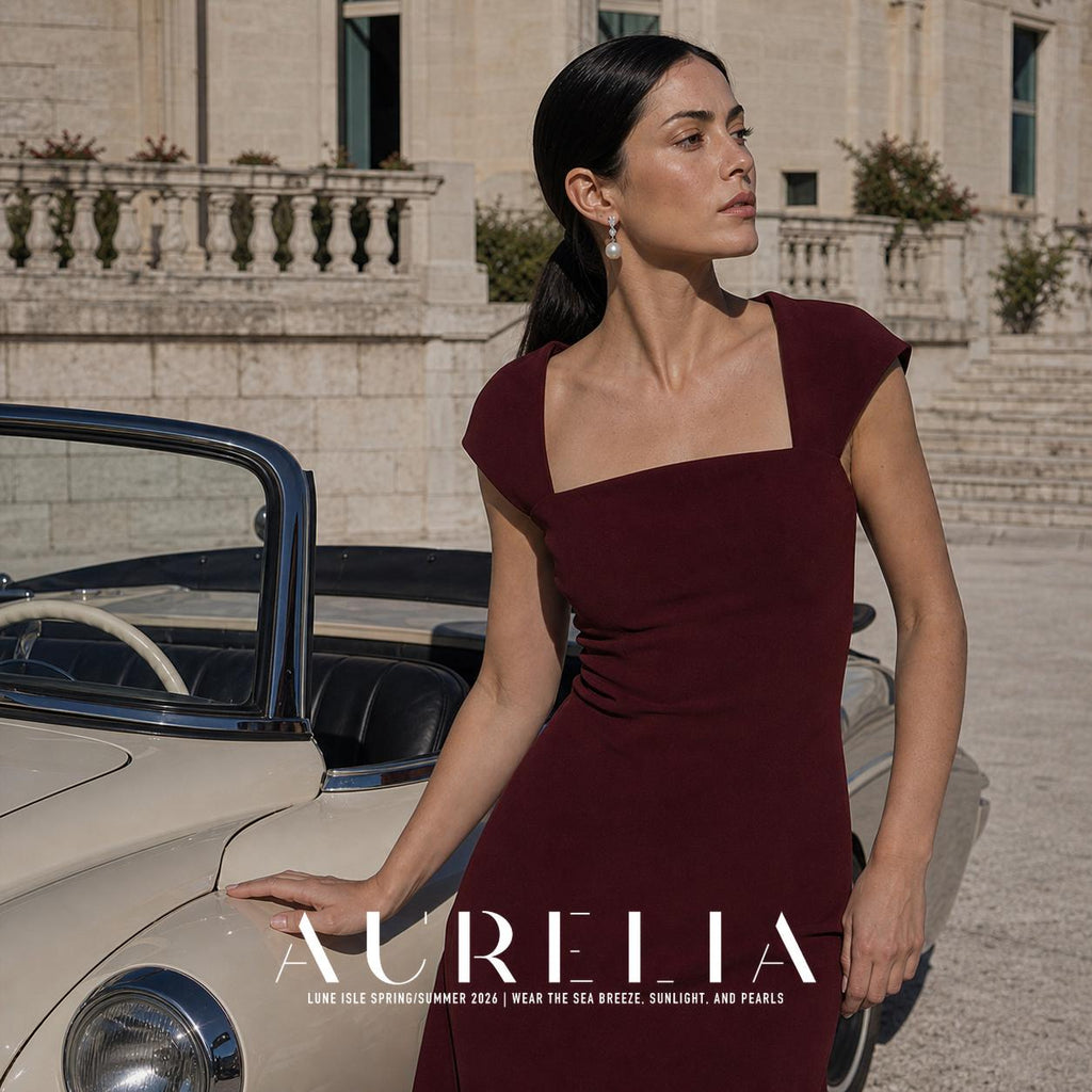 Round Shell Pearl Drop Earrings worn by a model