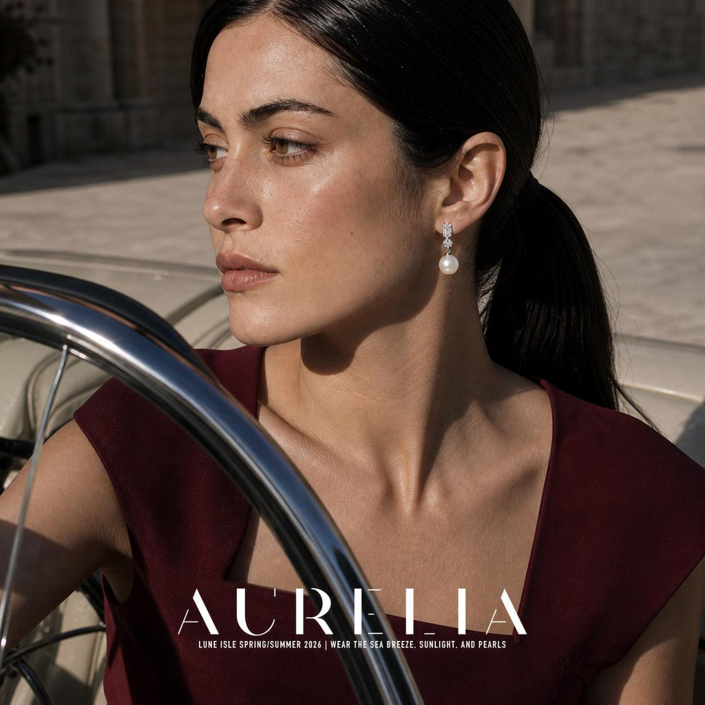 Round Shell Pearl Drop Earrings worn by a model