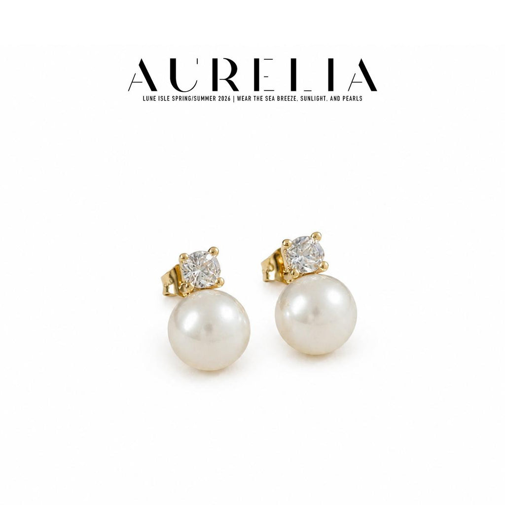 Freshwater Pearl and Cubic Zirconia Stud Earrings — supplied AURELIA product photograph.