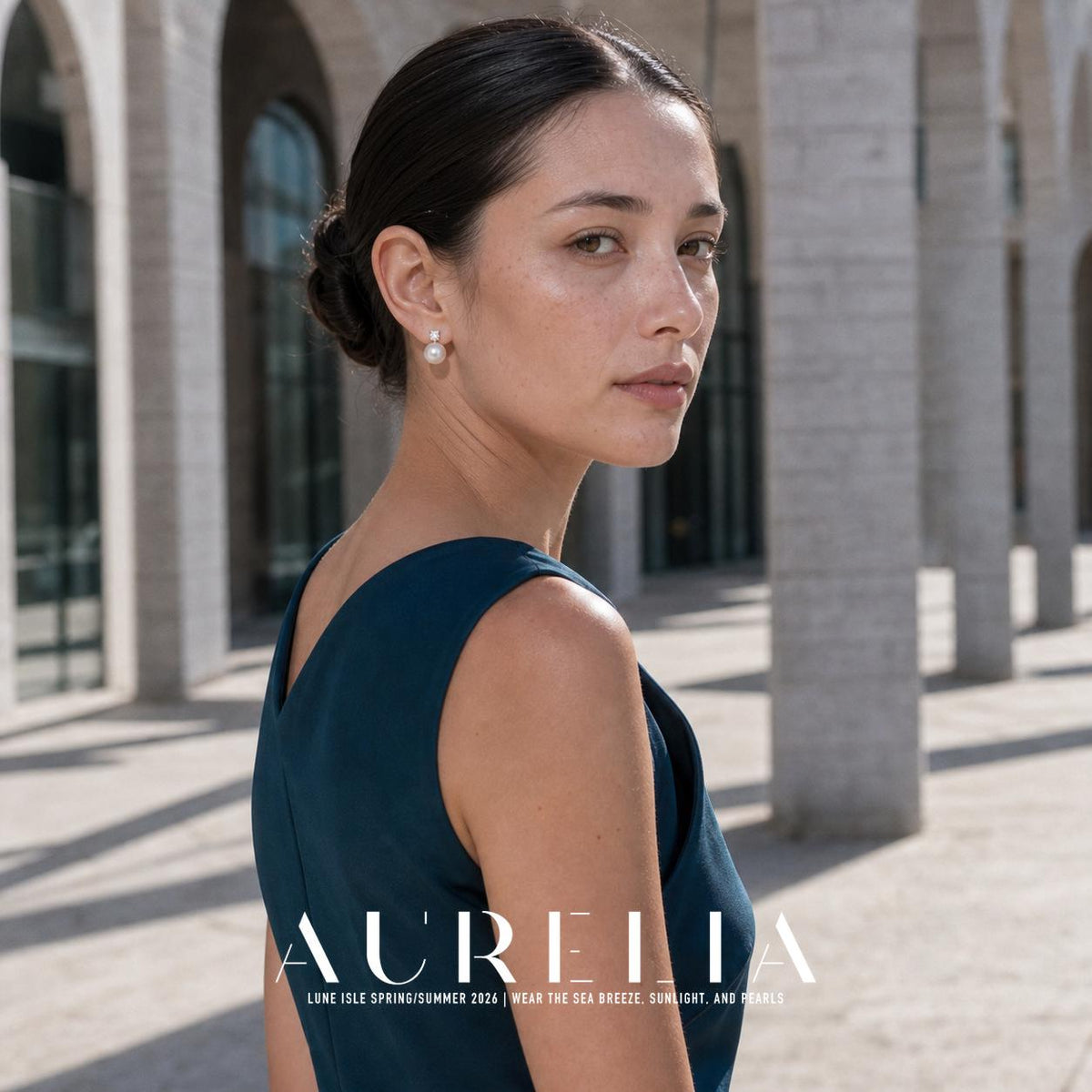 Model looking back over shoulder in dark blue outfit, wearing the same stacked accent-and-white-bead stud.