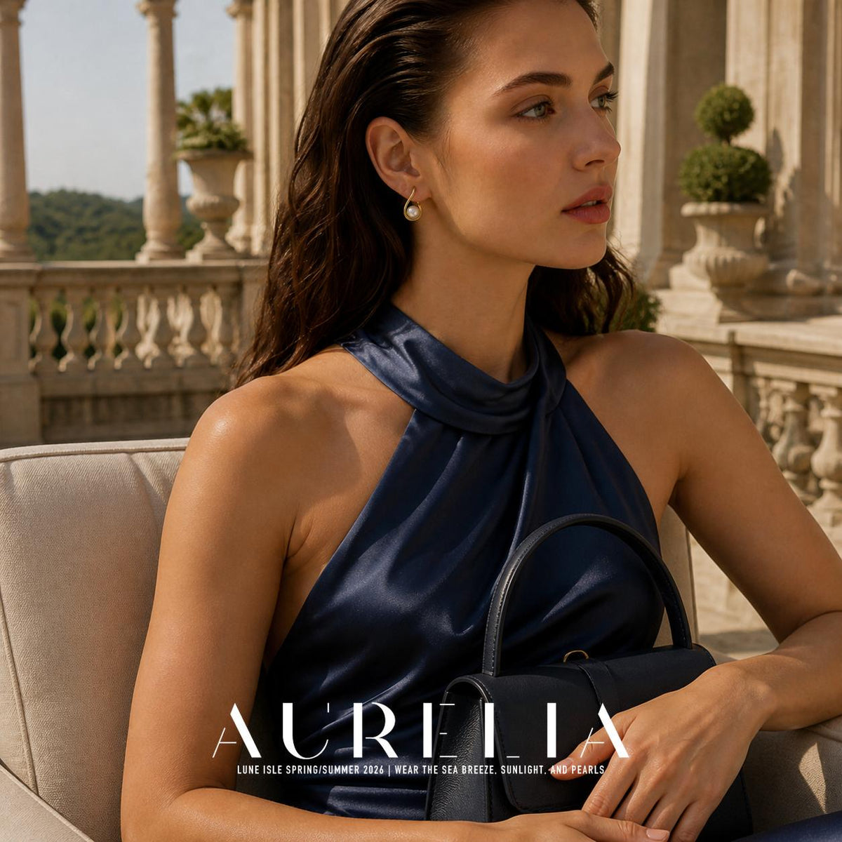 Seated model in a navy halter outfit on a terrace, wearing the open gold-tone teardrop-frame earring.