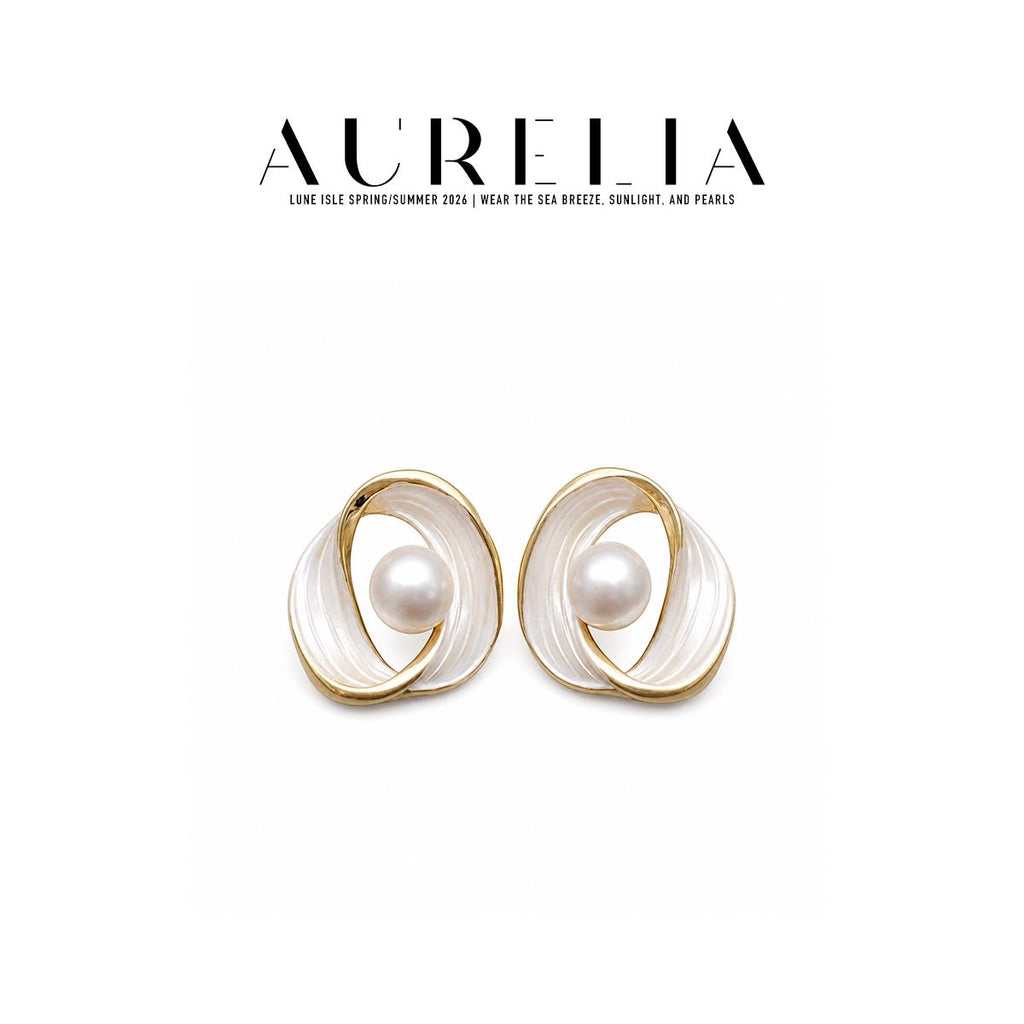 Whirl Freshwater Pearl Stud Earrings — supplied AURELIA product photograph.