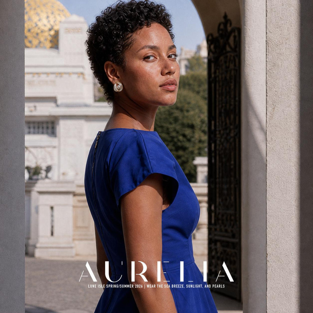 Over-shoulder model portrait wearing a rounded gold-tone and white swirl stud with round center bead.