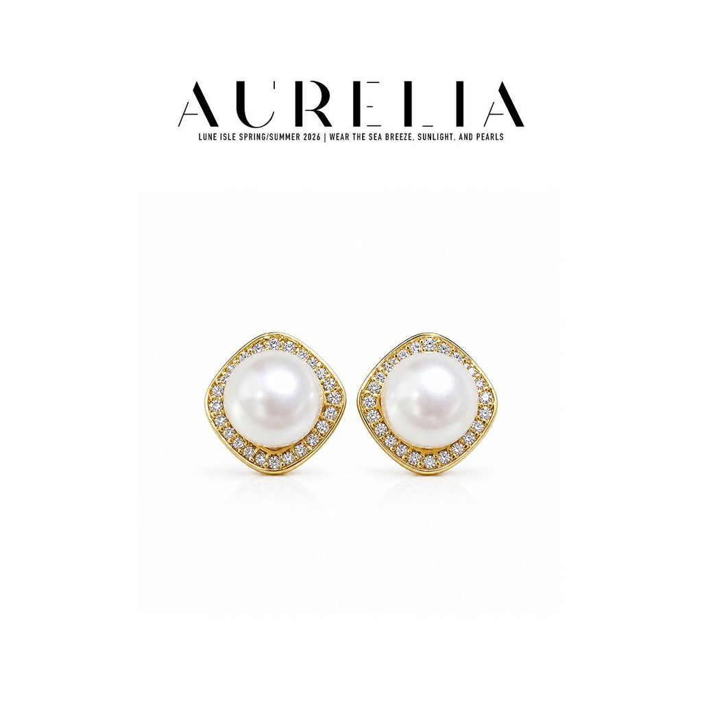 Square Halo Pearl-Accent Stud Earrings — supplied AURELIA product photograph.