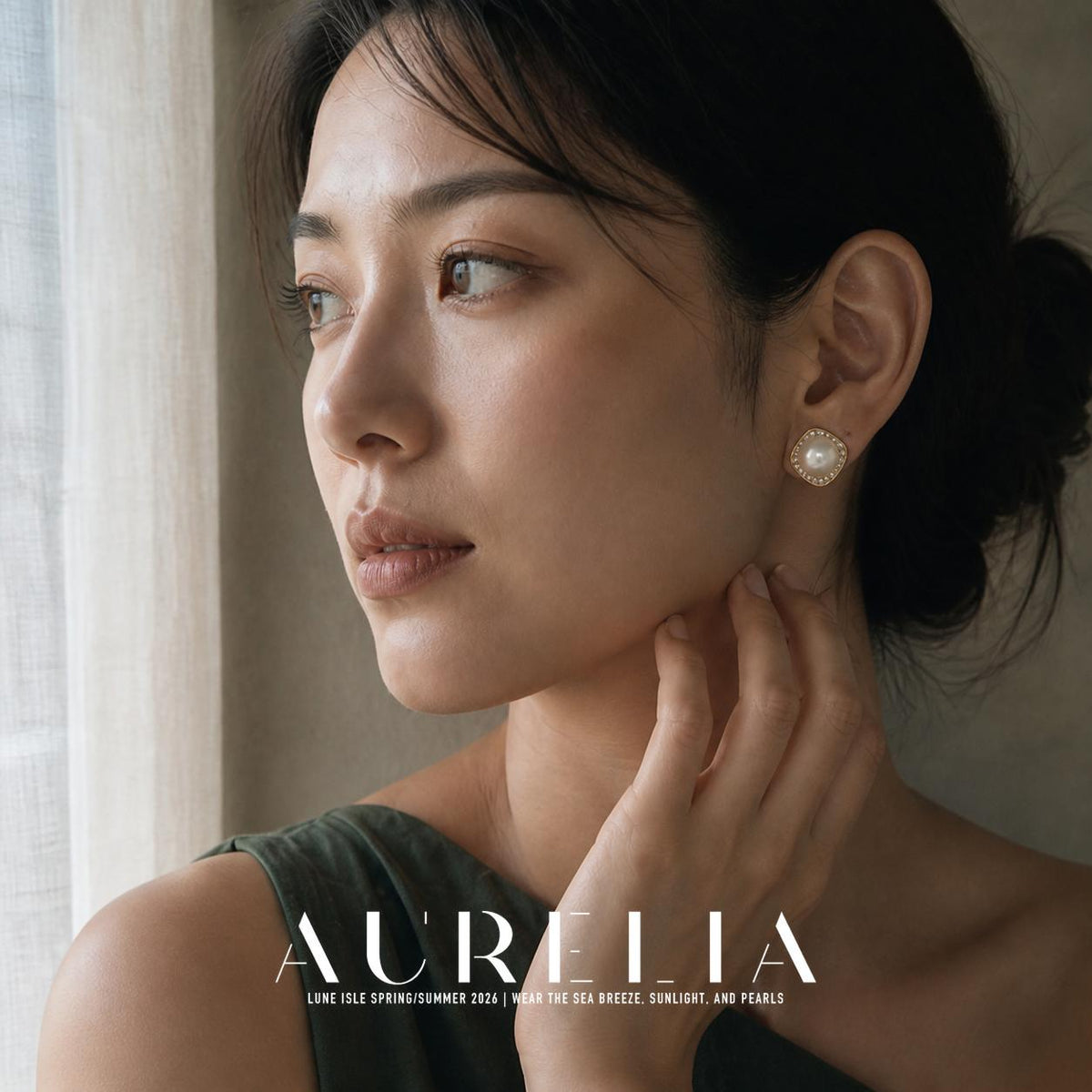 Close window portrait wearing a gold-tone cushion-square halo with white round center.