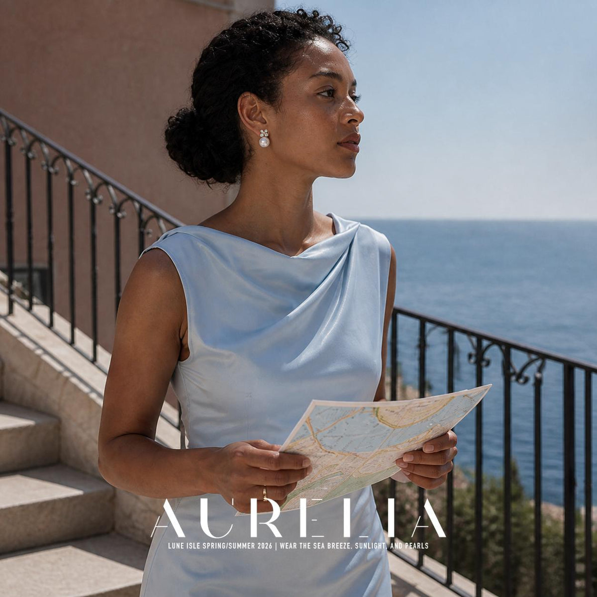 Model in a pale blue outfit holding a paper map by a seaside staircase, wearing the four-petal cluster and white-bead earrings.