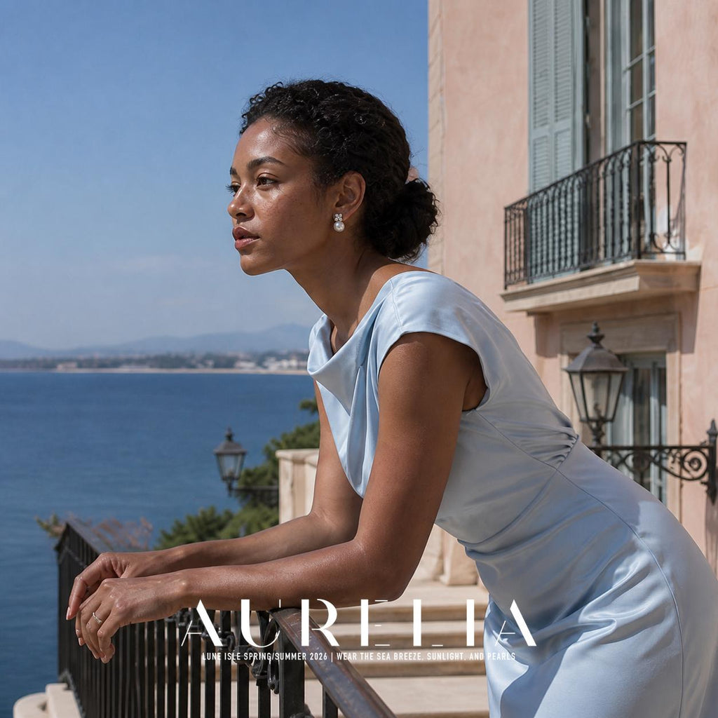 Model leaning on seaside balcony wearing four-petal clear cluster above white round bead.