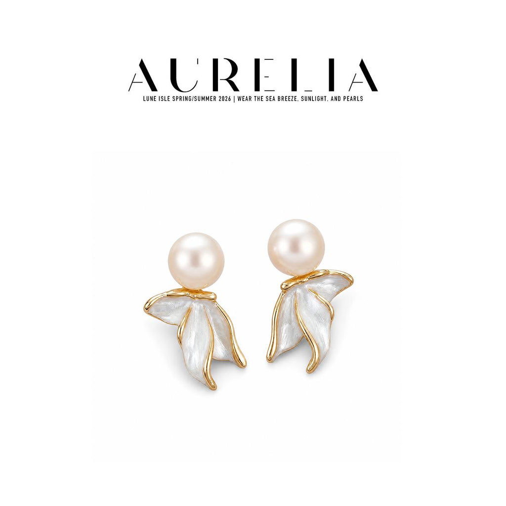 Mermaid Tail Freshwater Pearl Stud Earrings — supplied AURELIA product photograph.