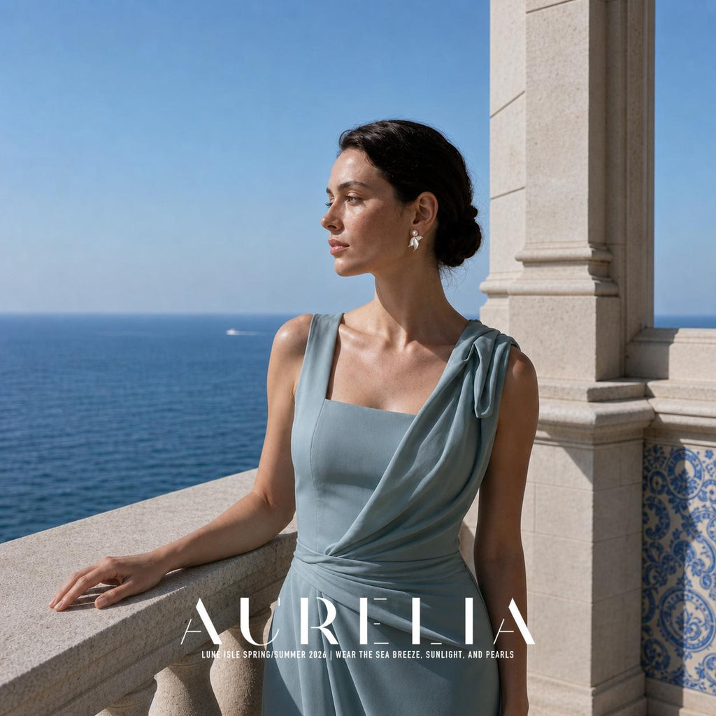 Waist-up terrace portrait shows the bead and same asymmetric three-lobed tail silhouette.