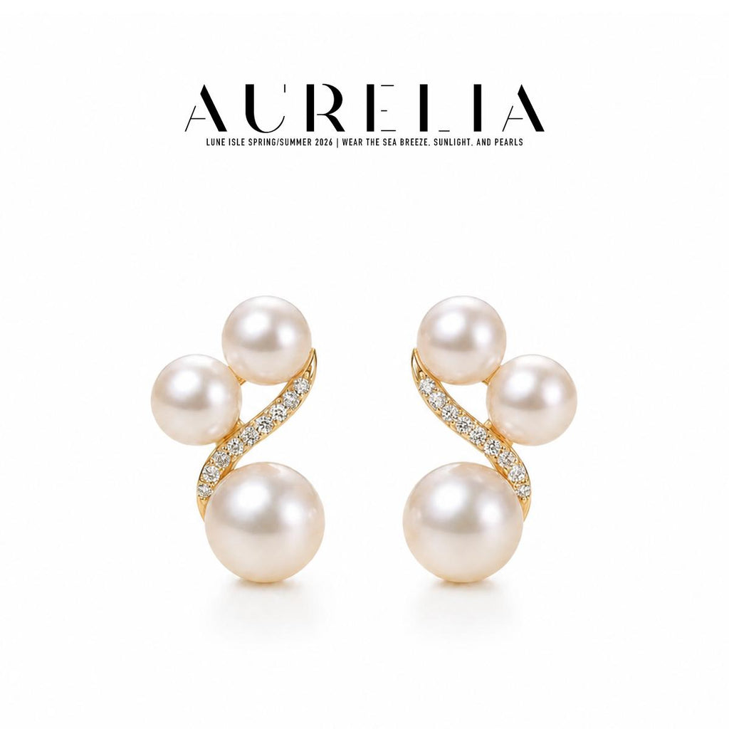 Triple Freshwater Pearl Stud Earrings — supplied AURELIA product photograph.