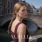 Over-shoulder canal-side portrait in burgundy with triple-bead stud visible.