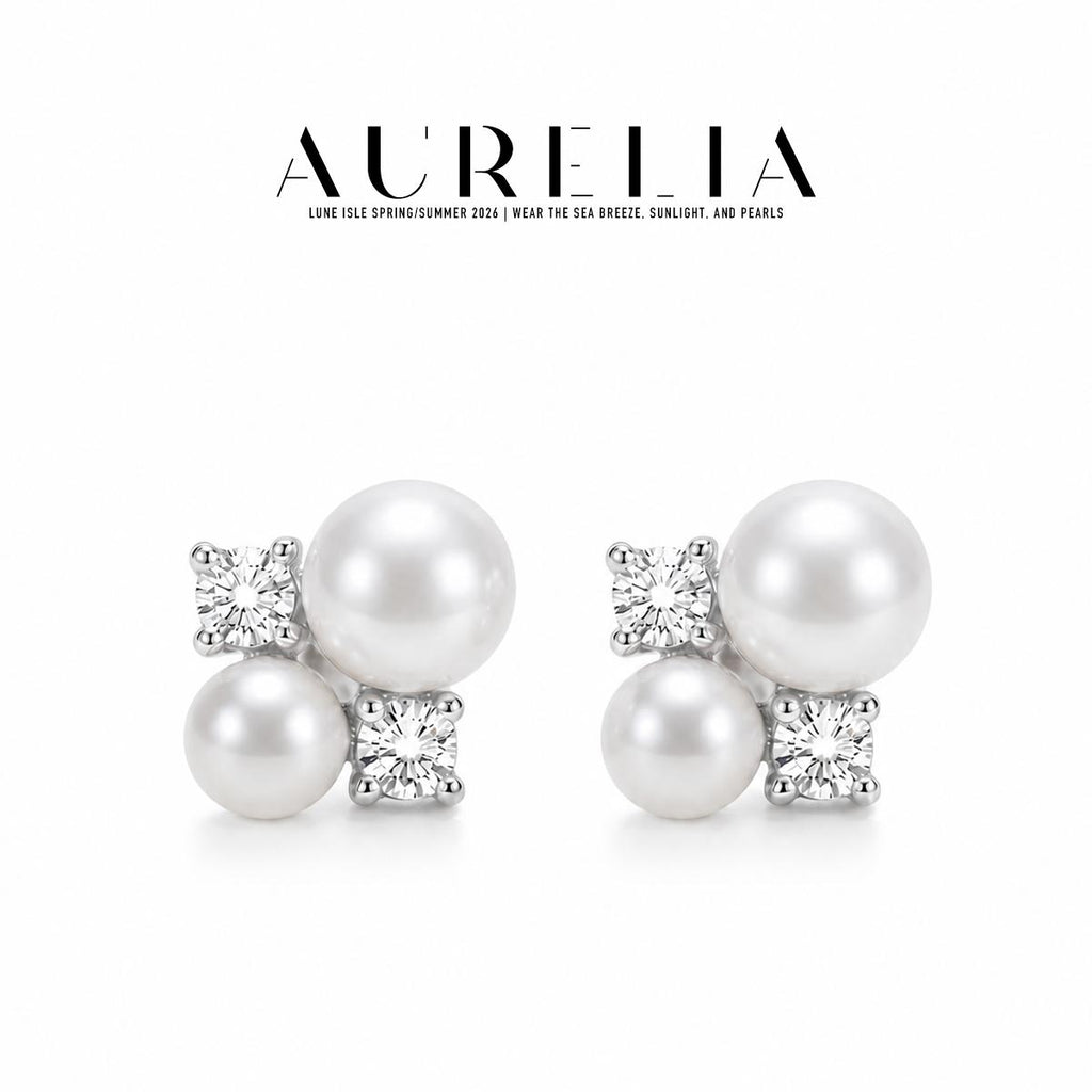 Double Pearl Cluster Stud Earrings — supplied AURELIA product photograph.