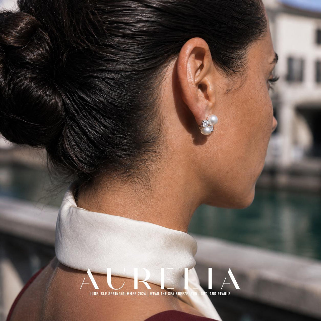 Rear-side ear close-up shows the two-bead cluster in profile, including the prong-set accents and bead depth; perspective partly overlaps the farther accent.