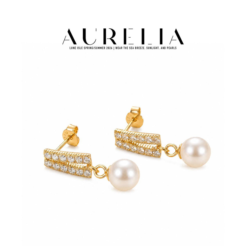 Pavé Bar Pearl Drop Earrings — supplied AURELIA product photograph.