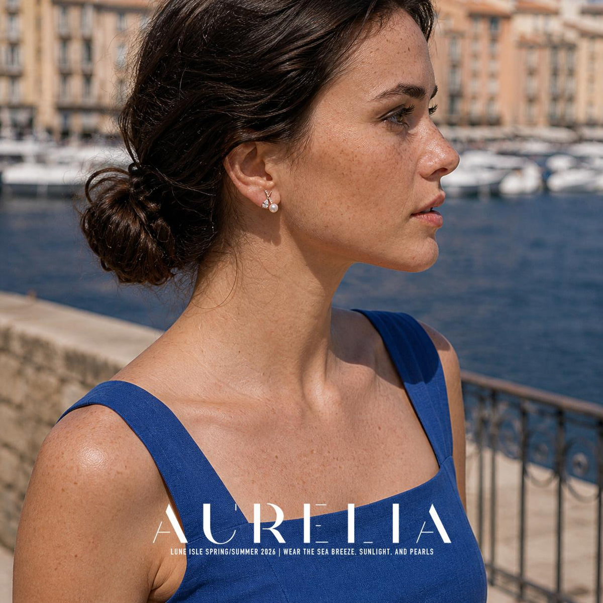 Harbor-side portrait in a blue dress showing the crossed-bar earring worn.