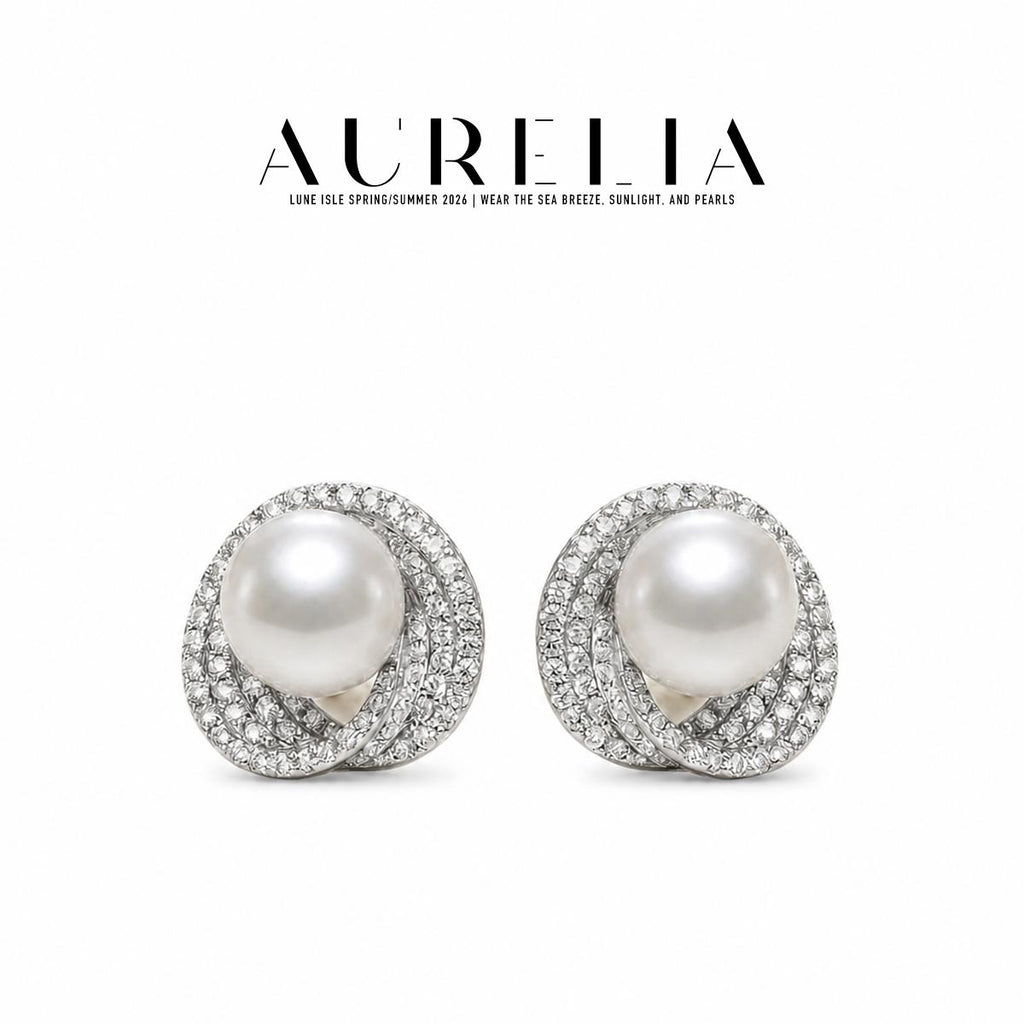 Twist Halo Shell Pearl Stud Earrings — supplied AURELIA product photograph.