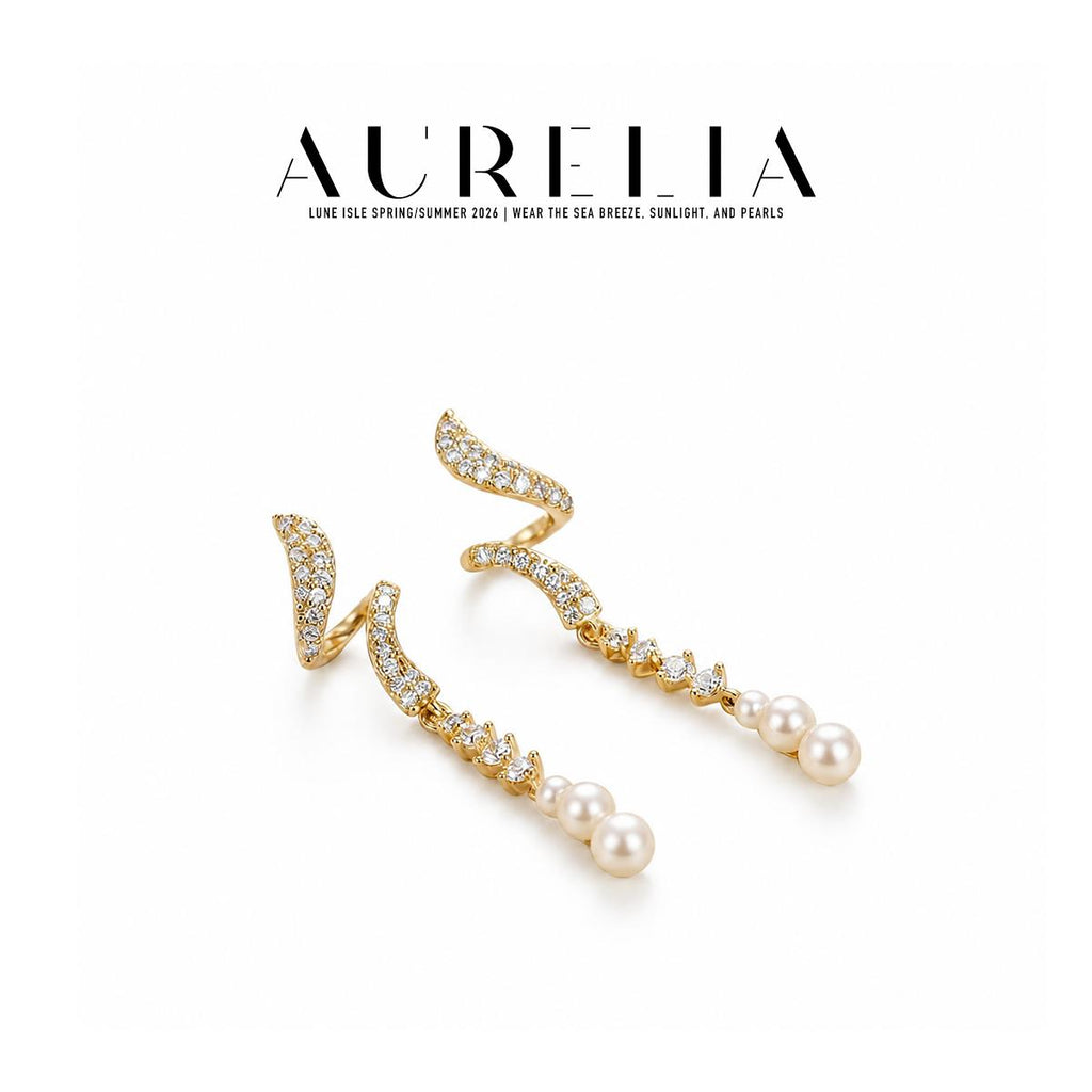 Curved Shell Pearl Drop Earrings — supplied AURELIA product photograph.