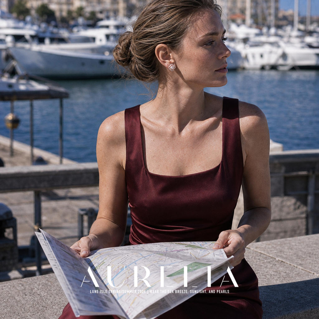 Model in a burgundy outfit holding a map by a marina, wearing the floral white-center stud.