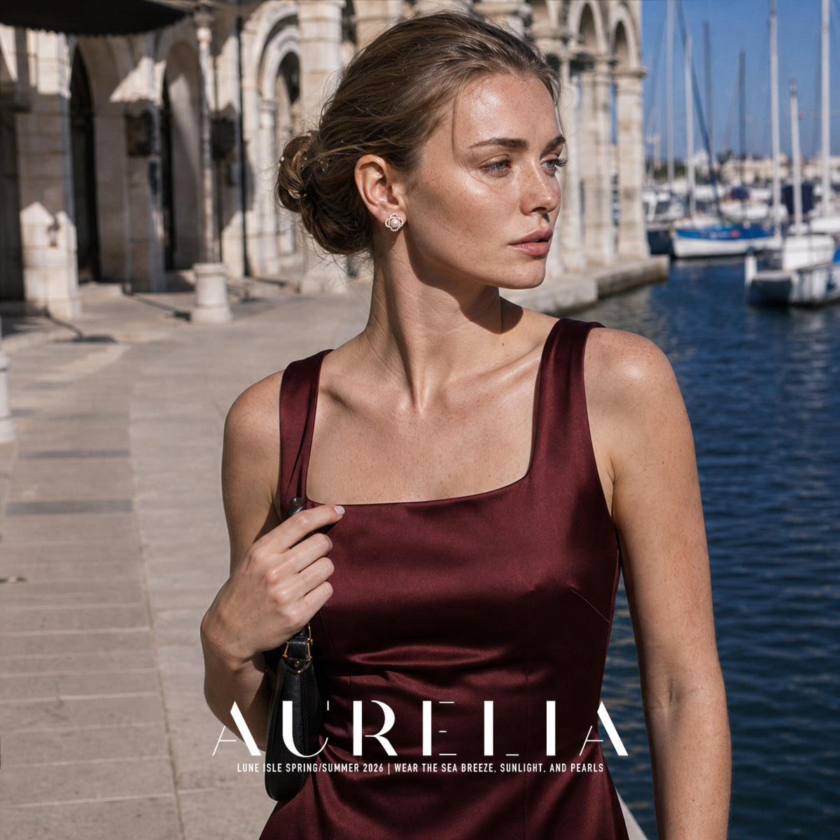 Model in burgundy at marina wearing a four-lobed openwork stud with white center.