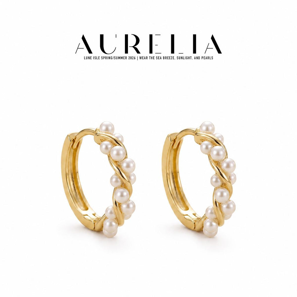 Twisted Shell Pearl Hoop Earrings — supplied AURELIA product photograph.