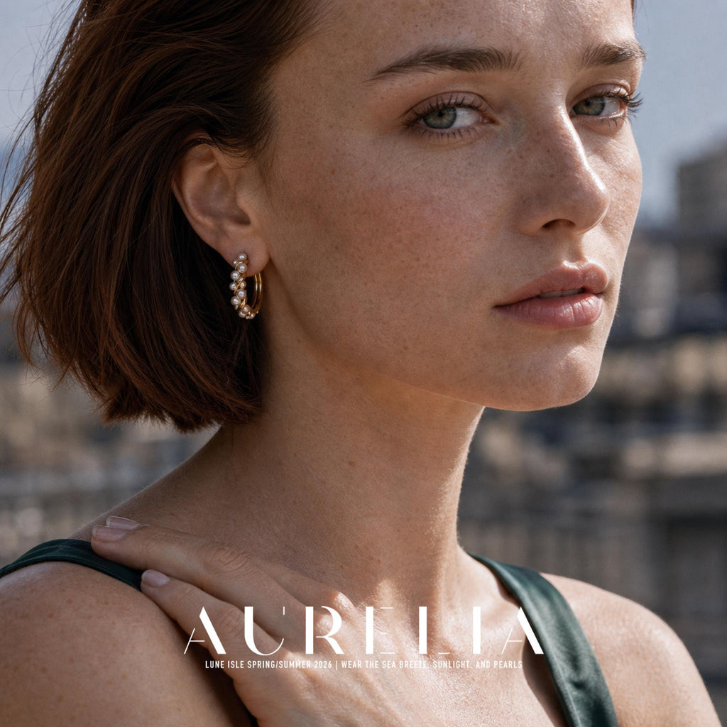 Close portrait showing gold-tone hoop with twisted strand of white beads.
