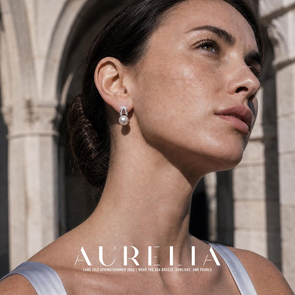 Low-angle close portrait showing two diverging rectangular accent bars and a white bead.