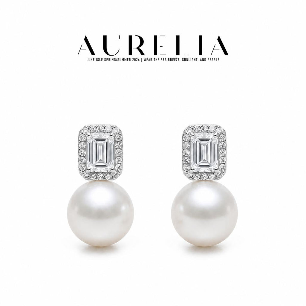 Rectangular Halo Pearl Stud Earrings — supplied AURELIA product photograph.