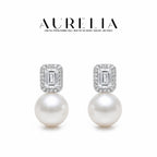 Rectangular Halo Pearl Stud Earrings — supplied AURELIA product photograph.