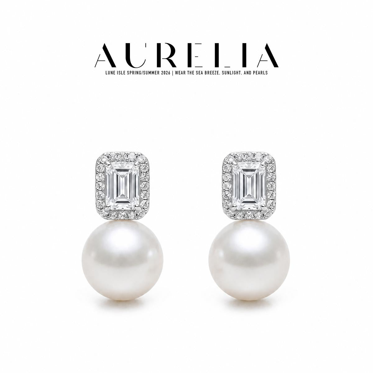 Rectangular Halo Pearl Stud Earrings — supplied AURELIA product photograph.