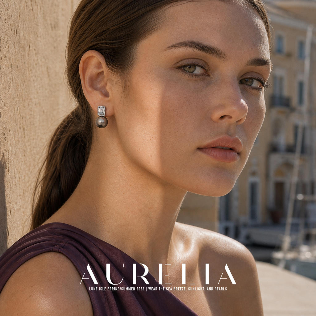 Close portrait against a pillar shows the same rectangular halo and dark gray round bead.