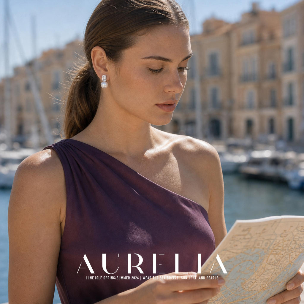 Model holding a map at a marina while wearing the rectangular halo and white bead earring.