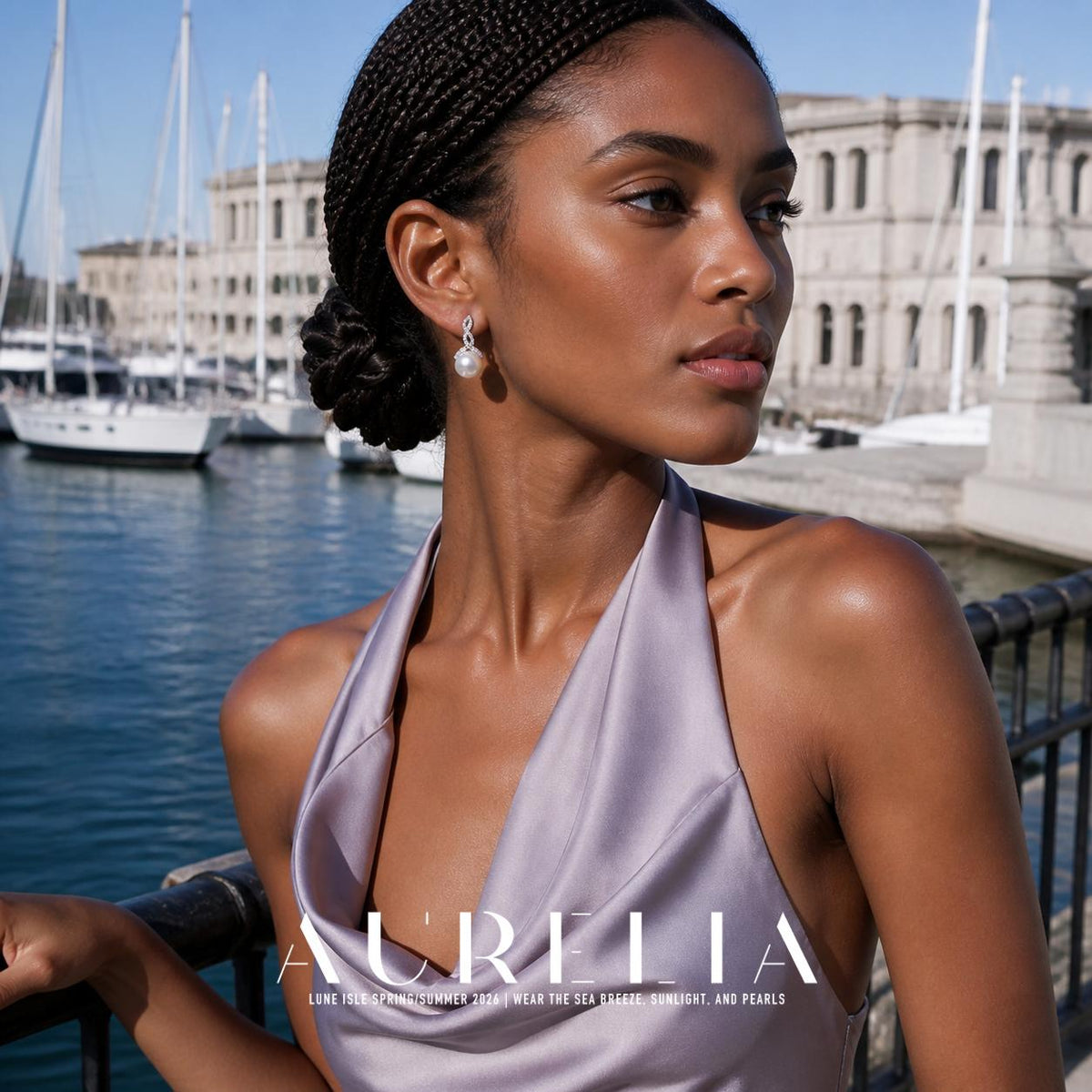 Model in a pale purple halter dress beside a marina, wearing the same twist-and-bead earring.