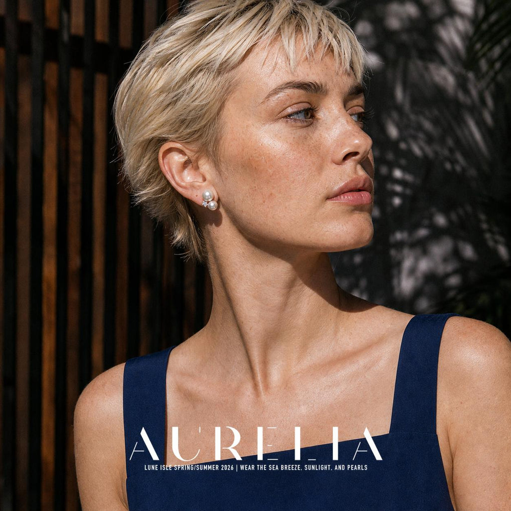 Head-and-shoulders model portrait in a blue dress, with the triangular bead cluster visible on the ear.