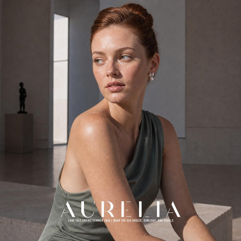 Seated model in a green one-shoulder dress in an interior, with the butterfly-and-bead earring visible.