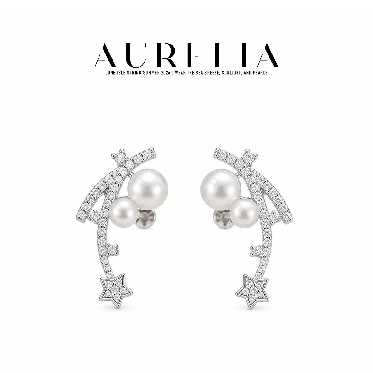 Shooting Star Freshwater Pearl Stud Earrings — supplied AURELIA product photograph.