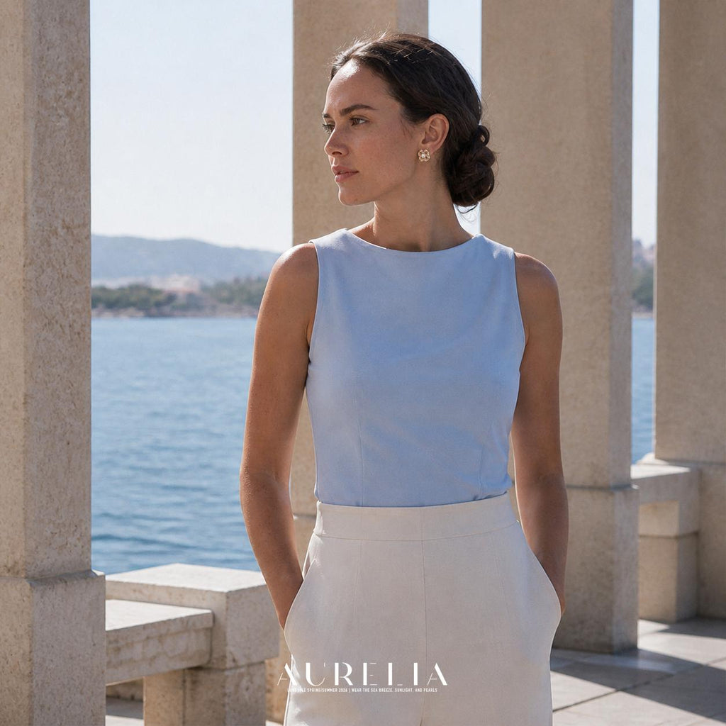 Standing waterfront portrait between pale stone columns, wearing the white and gold-tone clover stud.