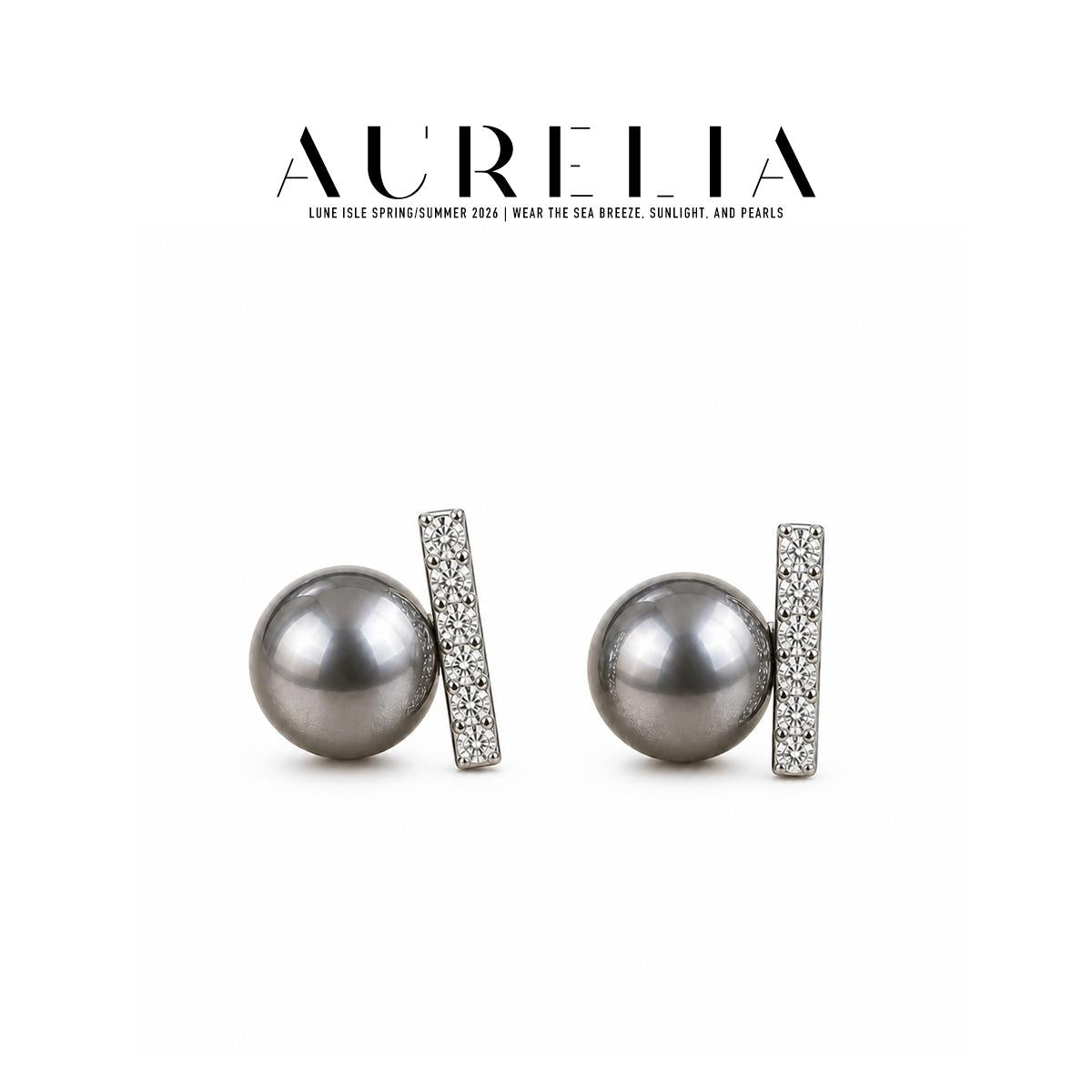 Gray Crystal Pearl Bar Stud Earrings — supplied AURELIA product photograph.