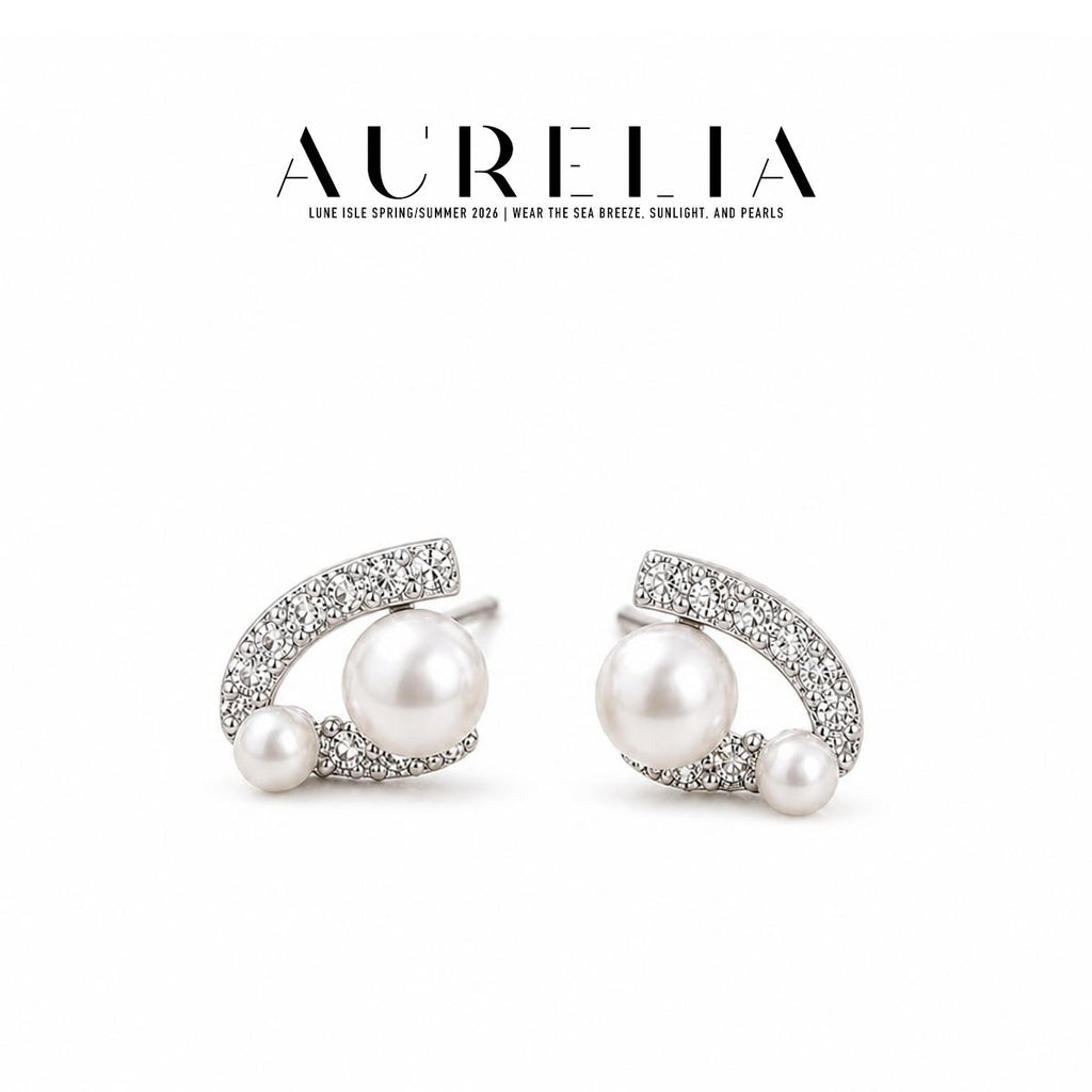 Curved Glass Pearl Stud Earrings — supplied AURELIA product photograph.