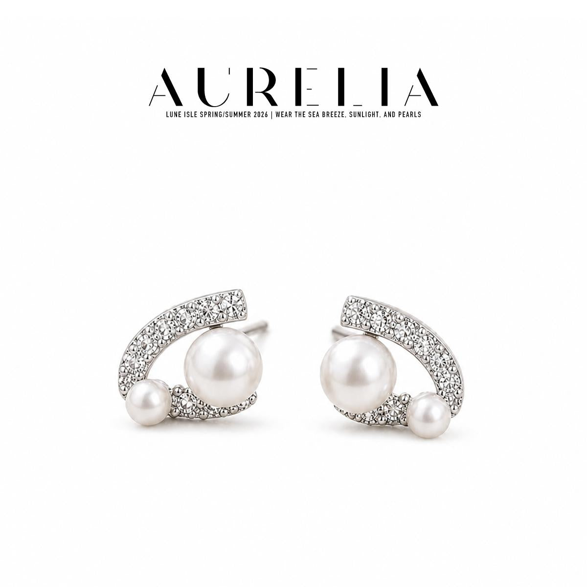 Curved Glass Pearl Stud Earrings — supplied AURELIA product photograph.