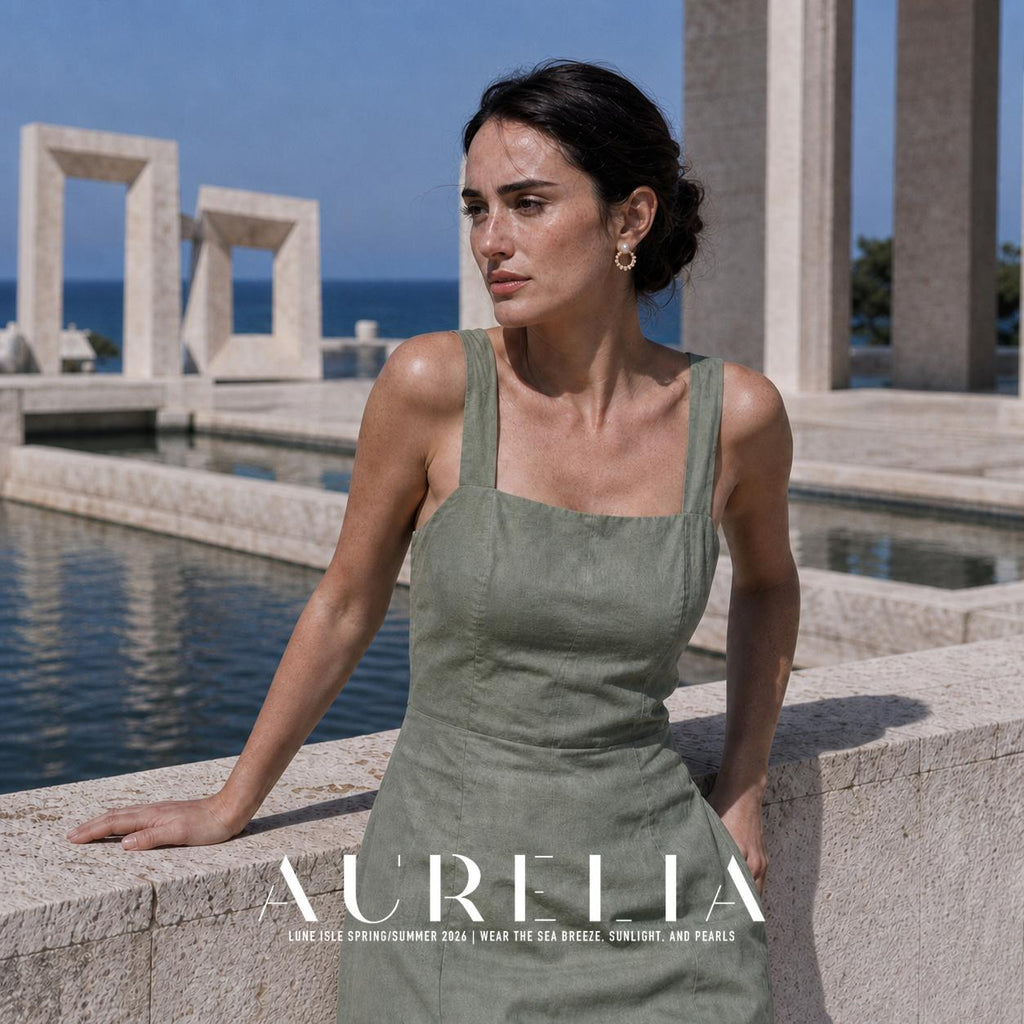 Model in a green dress beside a reflecting pool with the garland earring visible.
