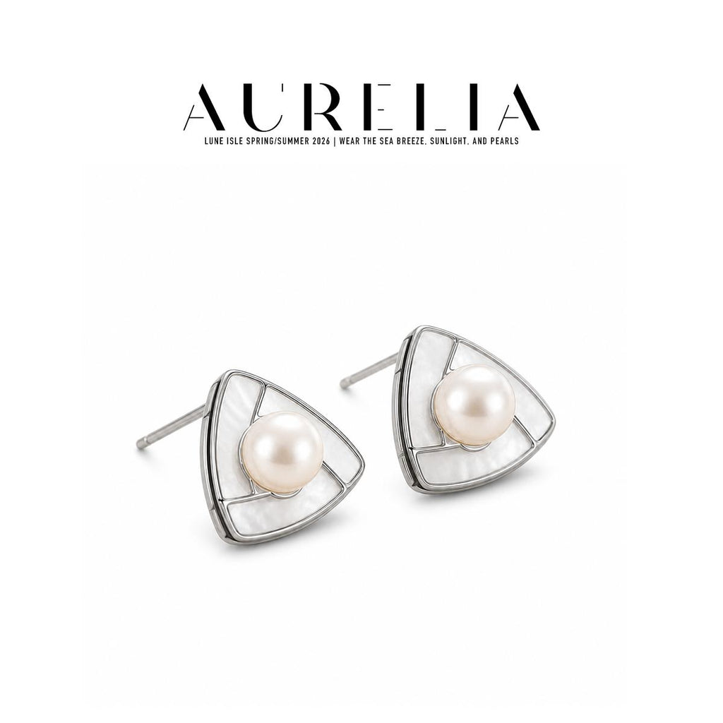 White Triangle Freshwater Pearl Stud Earrings — supplied AURELIA product photograph.