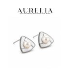 White Triangle Freshwater Pearl Stud Earrings — supplied AURELIA product photograph.