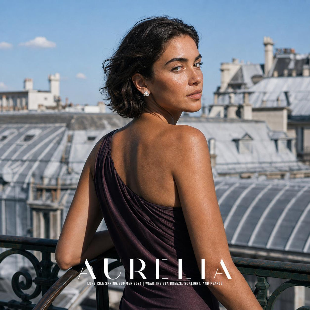 Over-shoulder rooftop portrait with the rounded triangle, divided white panels and center bead visible.