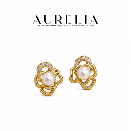 Camellia Glass Pearl Stud Earrings — supplied AURELIA product photograph.