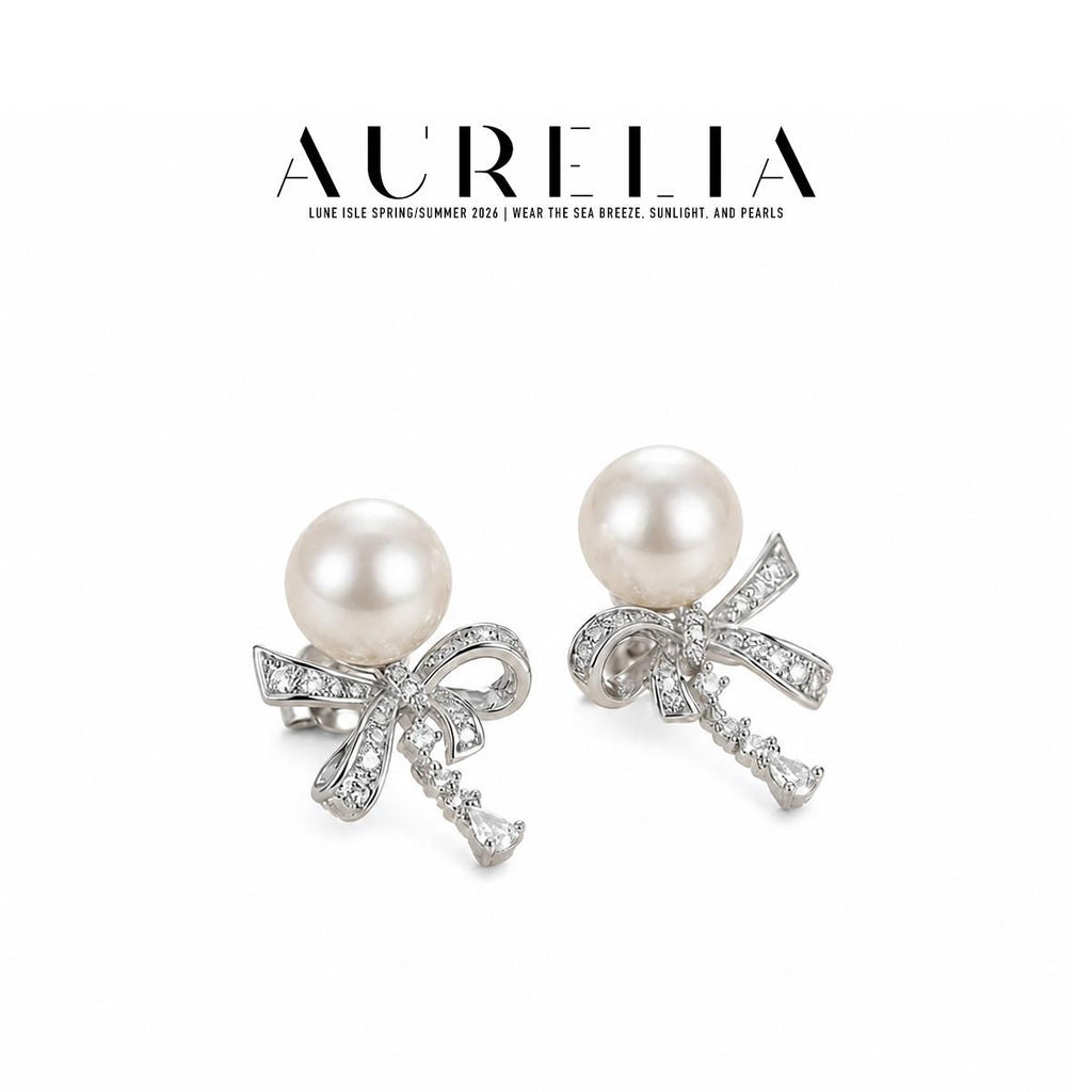 Bow Crystal Pearl Drop Earrings — supplied AURELIA product photograph.