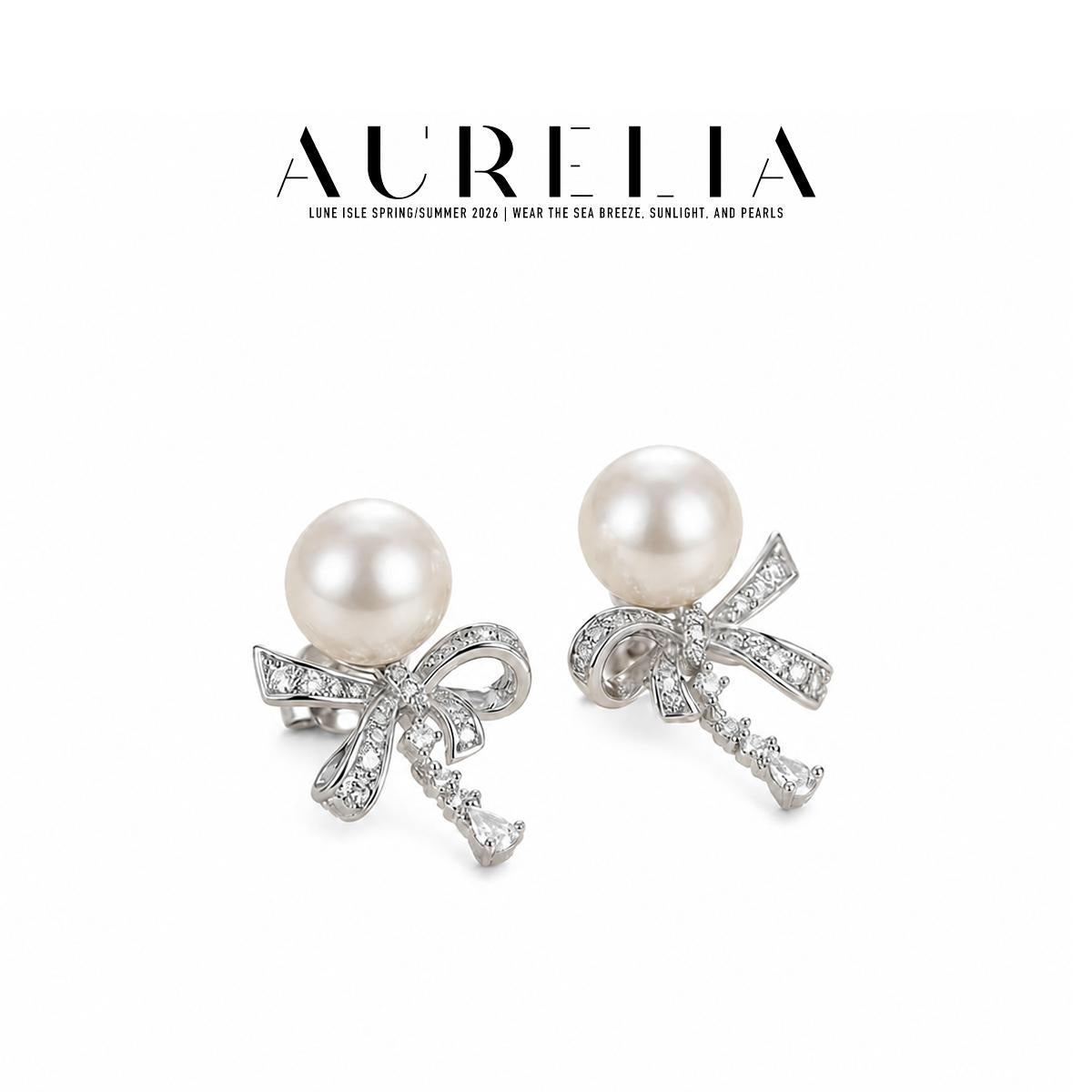 Bow Crystal Pearl Drop Earrings — supplied AURELIA product photograph.