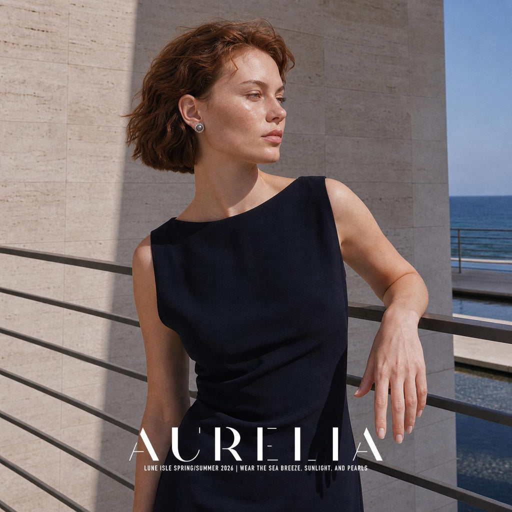 Person in a dark sleeveless dress beside a railing and pale wall, wearing a round stud with a gray center and a bright clear surround; blue water is visible behind them.