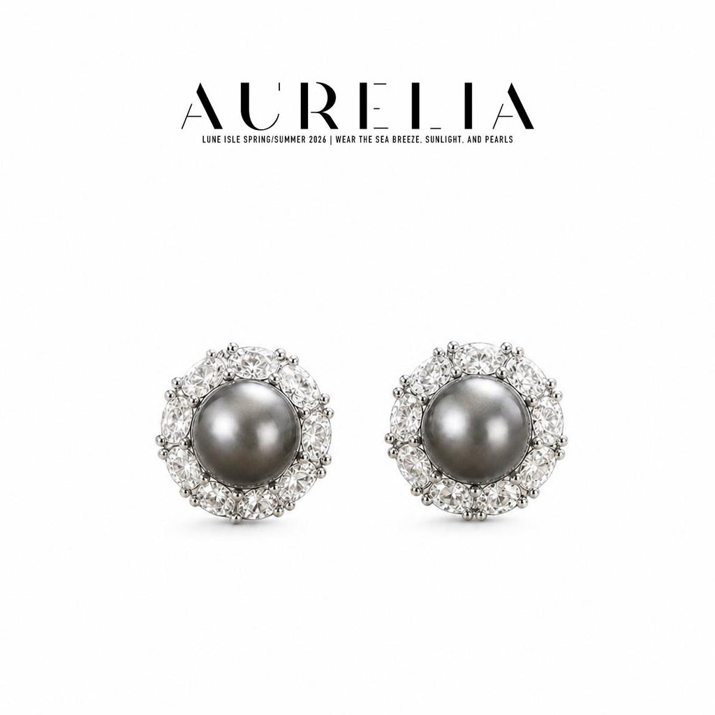 Floral Halo Gray Crystal Pearl Stud Earrings — supplied AURELIA product photograph.